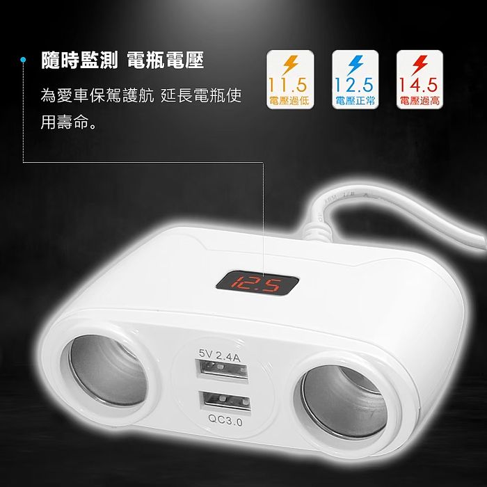 台灣製造 QC3.0極速48W車用電源雙擴充器/車充(2孔USB、2孔點煙孔) 黑色