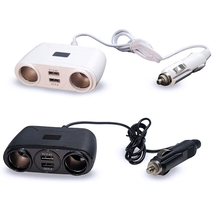 台灣製造 QC3.0極速48W車用電源雙擴充器/車充(2孔USB、2孔點煙孔) 黑色