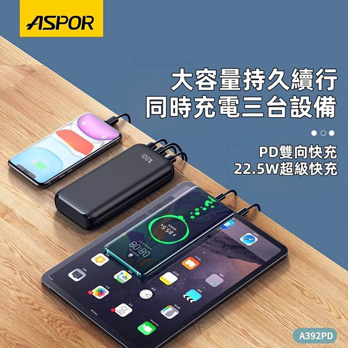 ASPOR 大容量22.5W超級快充/LED數位顯示/全協議行動電源(二輸入三輸出)