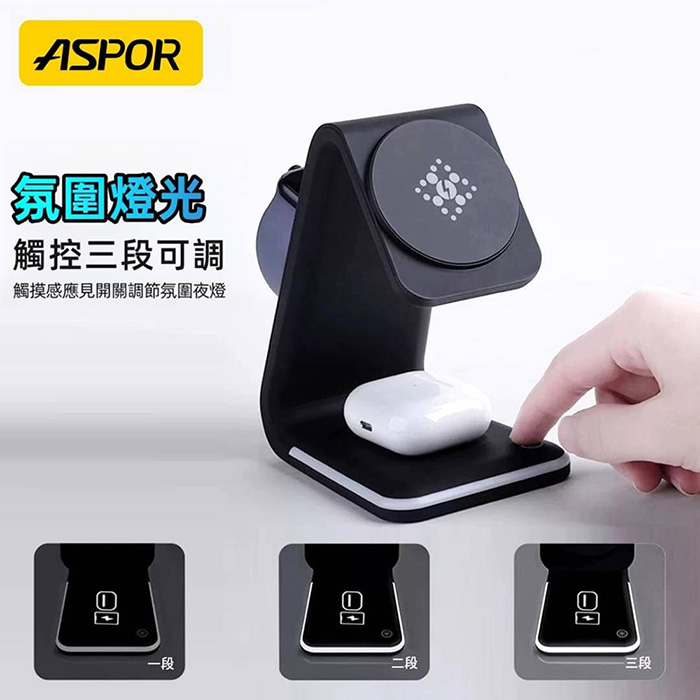 ASPOR MagSafe磁吸15W 四合一無線充電座(iPhone/Watch/Airpods/夜燈)