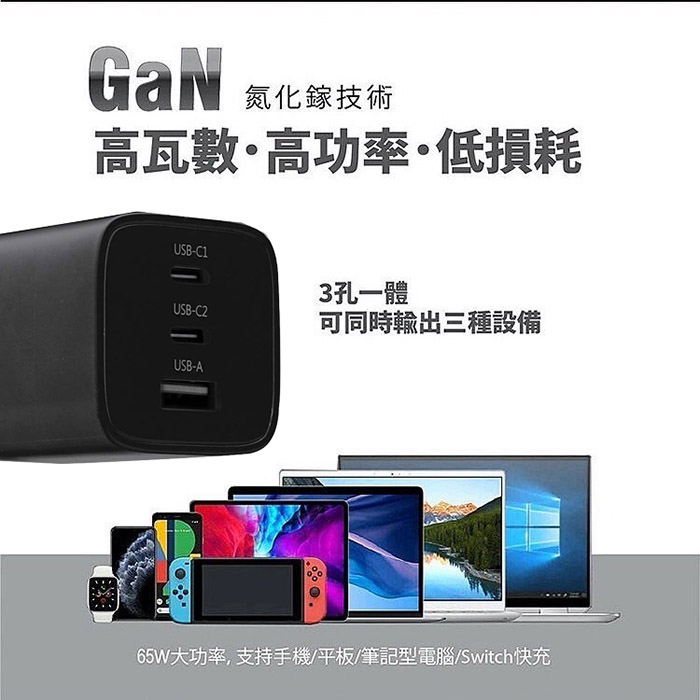 Wephone GaN氮化鎵 65W 手機平板快速充電器(雙USB-C+USB-A)