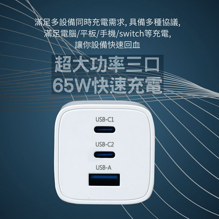 Wephone GaN氮化鎵 65W 手機平板快速充電器(雙USB-C+USB-A)