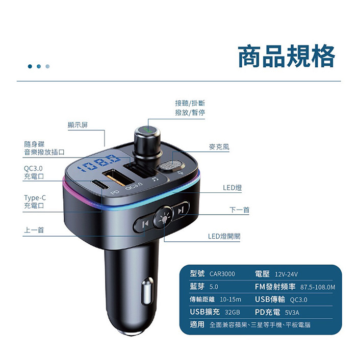 Songwin PD+QC3.0 LED藍牙免持車用播放器/雙USB車充-手機音樂撥放器