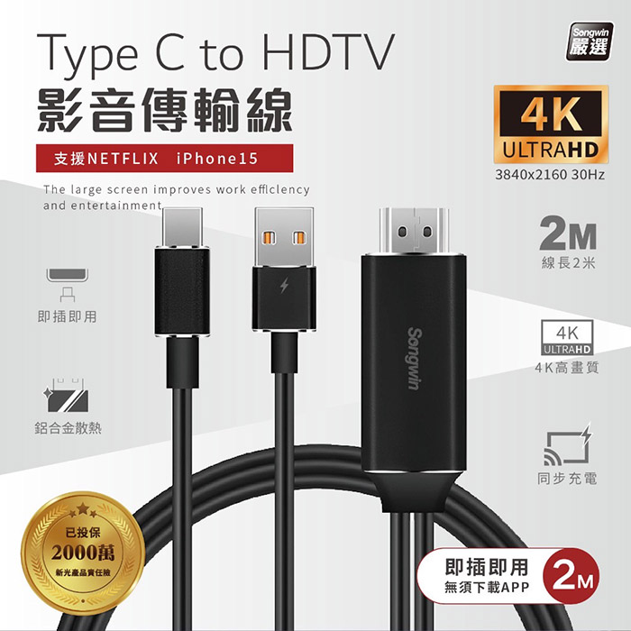Songwin Type-C 轉 HDTV 4K高清影音傳輸線-2米(支援iPhone15系列機型使用)