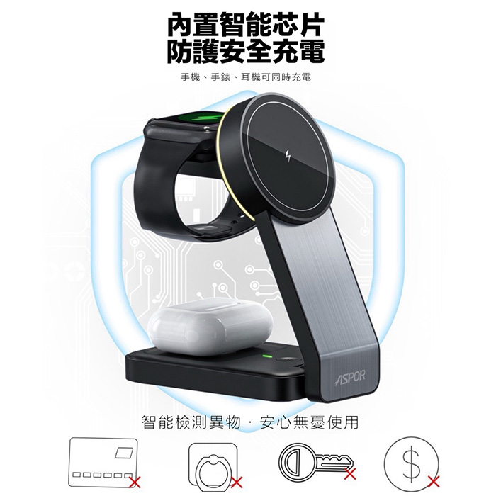 ASPOR 23W 折疊多合一磁吸無線充電座(手機/手錶/耳機)