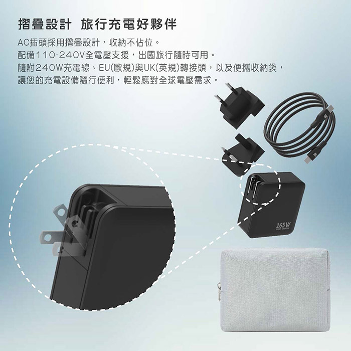 Wephone GaN氮化鎵 165W 手機平板筆電快充充電器(附贈出國轉接頭、充電線、收納袋)
