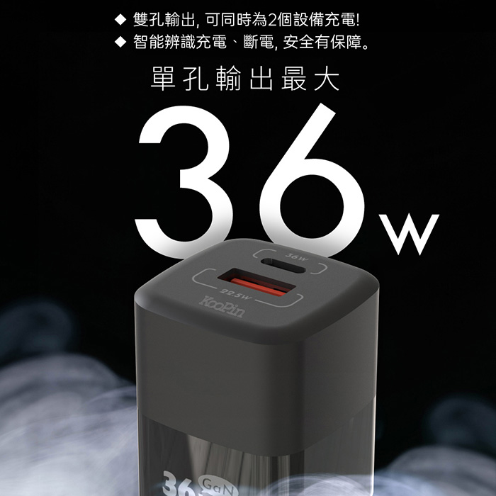 KooPin 36W氮化鎵 雙孔PD+QC 手機急速快充充電器