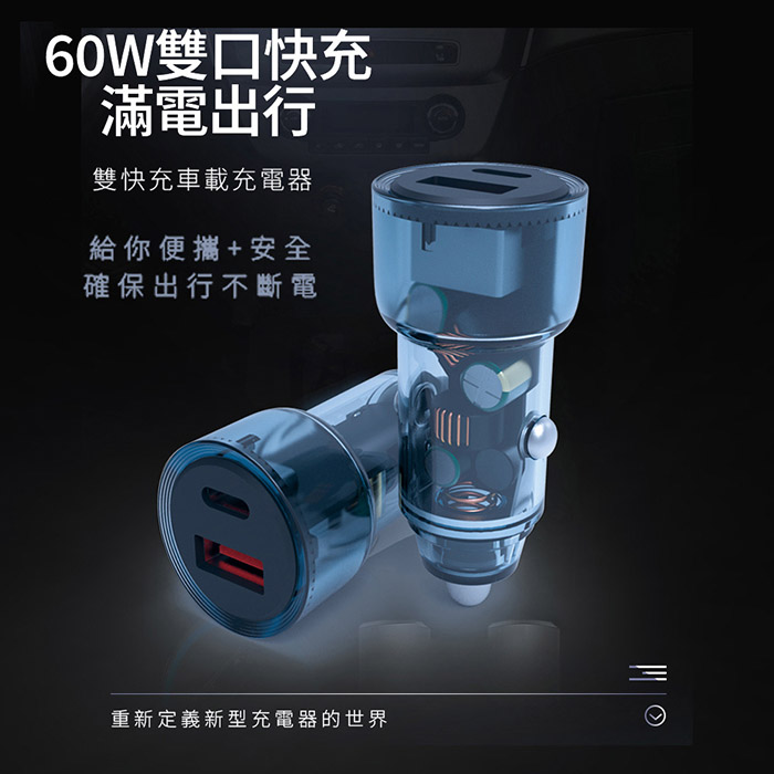 KooPin 極速60W 雙孔PD+QC 工業風 車用充電器(Type-C/USB-A)
