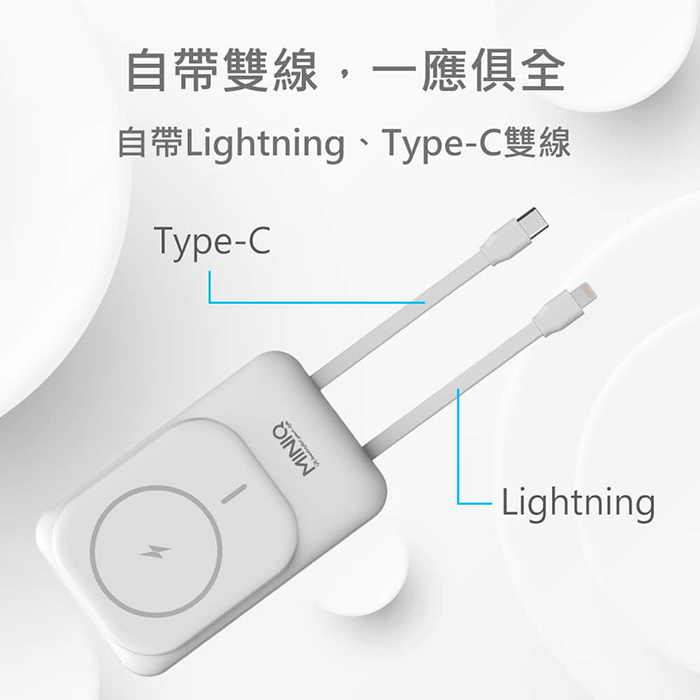 MINIQ 台灣製造 10000mAh 20W 自帶雙線/數顯/磁吸無線閃充行動電源(MD-BP075-Qi)