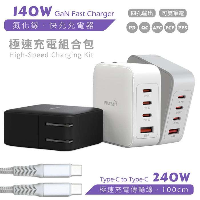 Polybatt GaN氮化鎵 140W 手機平板筆電極速充電器（附贈充電線、收納袋）