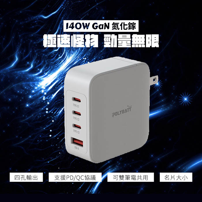 Polybatt GaN氮化鎵 140W 手機平板筆電極速充電器（附贈充電線、收納袋）