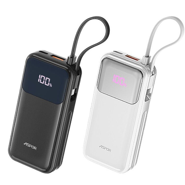 ASPOR 10000mAh 30W自帶線Type-C雙向快充行動電源(37wh)