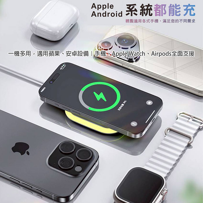 KooPin 炫彩LED三用磁吸15W無線充電器/充電盤(夜燈/手機/Watch/Airpods)