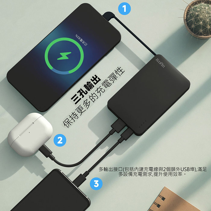 KooPin 台灣製造 極簡風5000mAh 自帶線Type-C行動電源