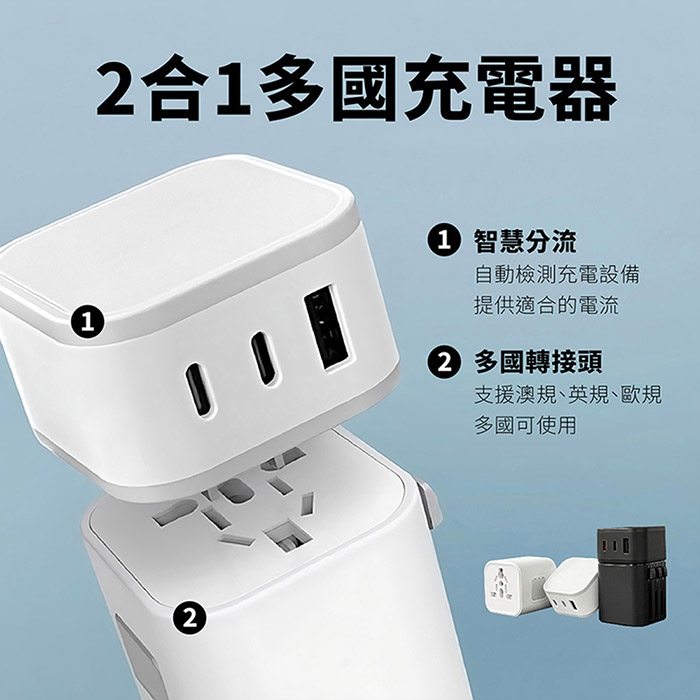 CITYBOSS 台灣製造 45W 2合1出國萬用充電器 全球通用萬能轉換插頭(2USB-C+1USB-A)