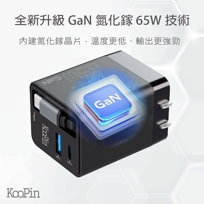 KooPin 台灣製造 65W氮化鎵 自帶Type-C伸縮線 三輸出快速充電器(支援PD、QC快充)