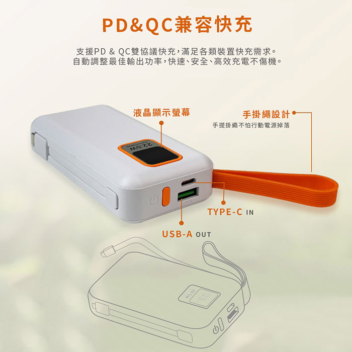 MCK 台灣製造 10000mAh 22.5W 自帶雙線 數顯快充行動電源(37wh)