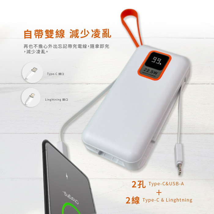 MCK 台灣製造 10000mAh 22.5W 自帶雙線 數顯快充行動電源(37wh)