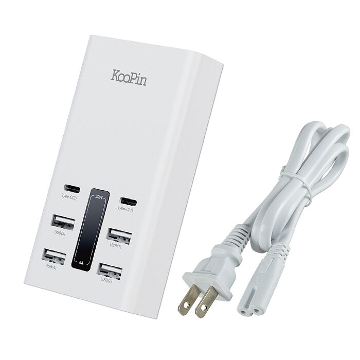 KooPin 台灣製造 30W 六孔智慧分流快速充電器(2USB-C+4USB-A)