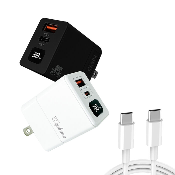Wephone 38W氮化鎵 數字顯示雙孔快速充電器(附贈Type-C充電線)