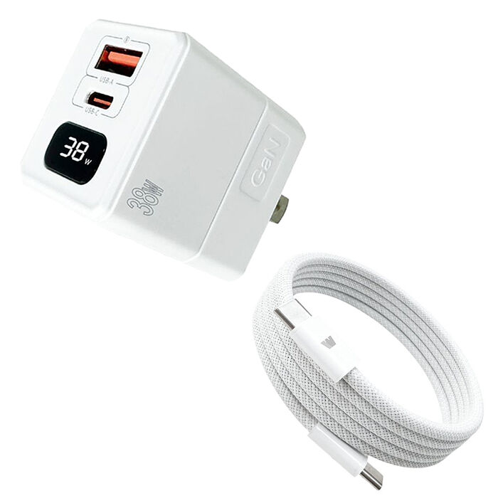 Wephone 38W氮化鎵 數字顯示雙孔充電器+雙頭Type-C 磁吸收納快充線(120公分)