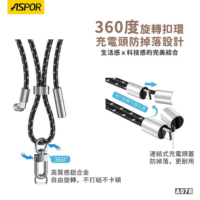 ASPOR 100W快充 防丟編織掛繩 USB-C to USB-C 傳輸充電線 附墊片(180cm)
