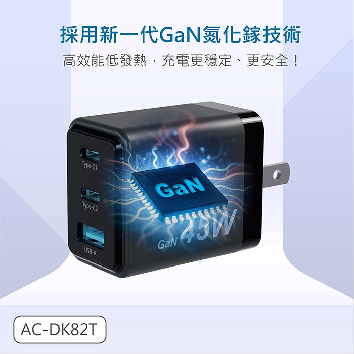 KooPin 台灣製造45W氮化鎵 雙USB-C+USB-A手機急速快充充電器(2C1A)