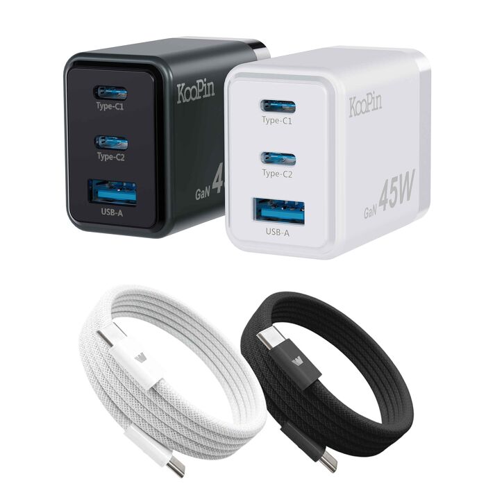 KooPin 台灣製造45W氮化鎵 2C1A手機快充充電器+雙頭Type-C 磁吸收納快充線(120公分)