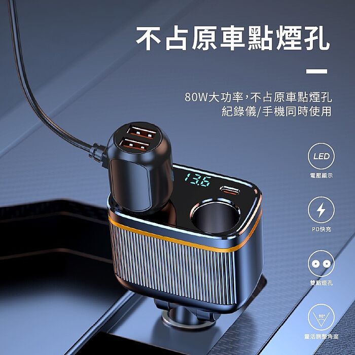 Songwin 145W雙孔車用擴充器/車用充電器(PD45W+QC3.0/數顯電壓/90度可彎折)