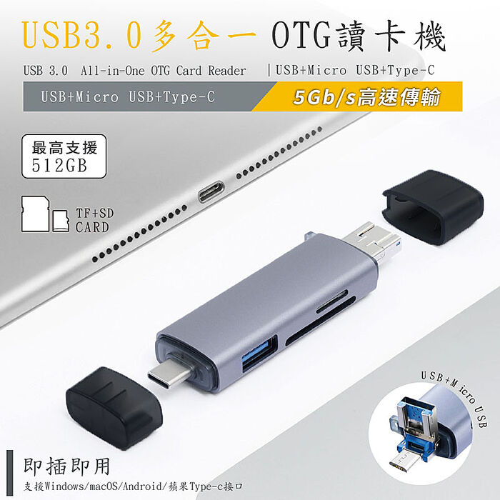 六合一OTG讀卡機 USB3.0(支援Windows/macOS/安卓/蘋果Type-c接口)