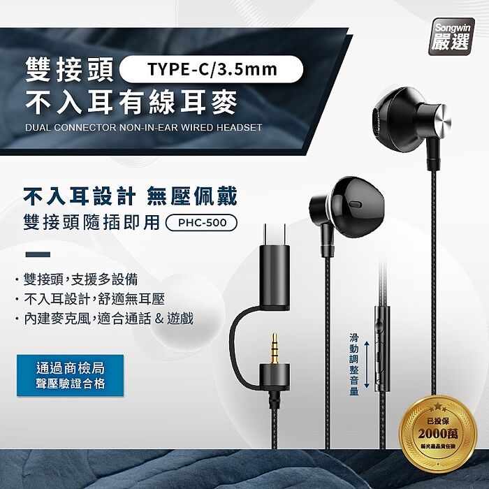 Songwin 雙接頭不入耳 立體聲耳機麥克風(TYPE-C/3.5mm)