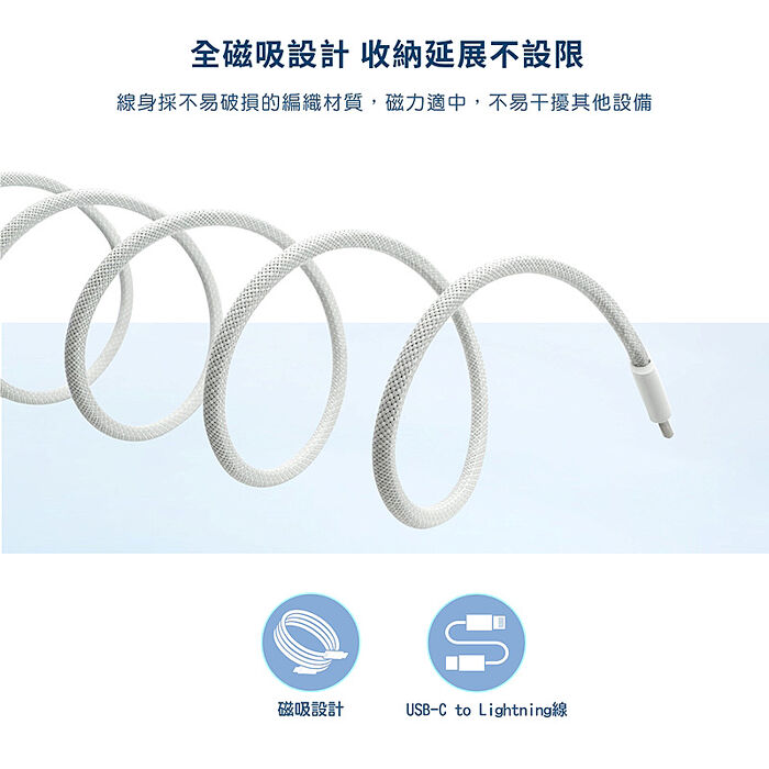 Wildex 蘋果認證MFi Type-C to Lightning 磁吸收納快充線/傳輸線/充電線(100公分)