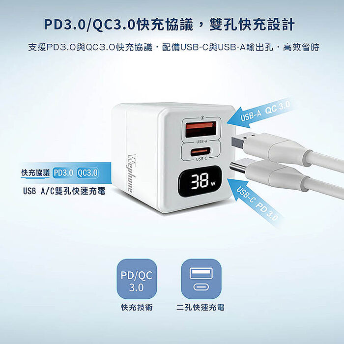 Wephone 38W氮化鎵 數顯雙孔充電器+USB-C to L 磁吸收納快充線(200公分)