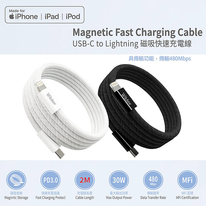 Wephone 38W氮化鎵 數顯雙孔充電器+USB-C to L 磁吸收納快充線(200公分)