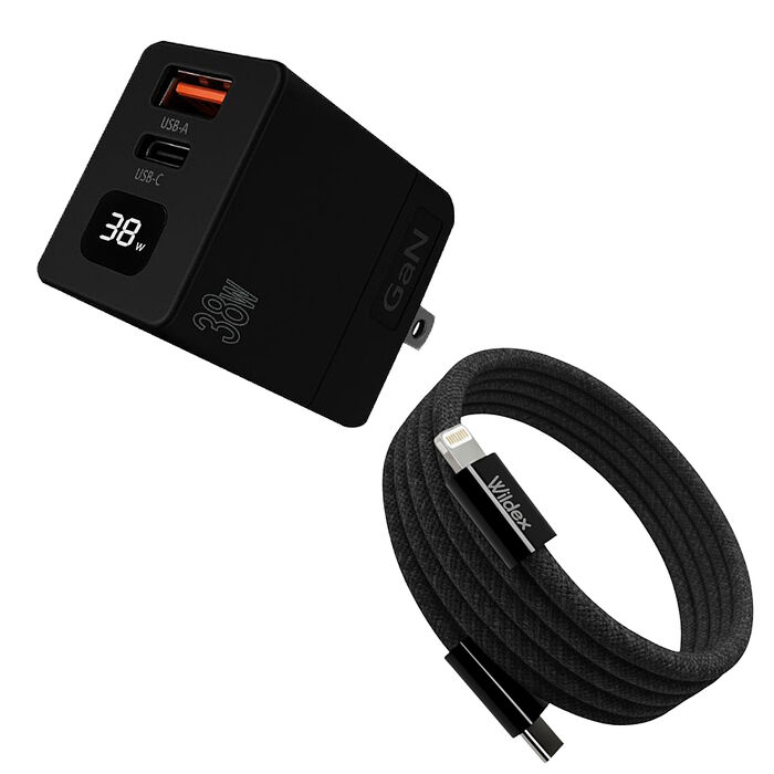 Wephone 38W氮化鎵 數顯雙孔充電器+USB-C to L 磁吸收納快充線(200公分)