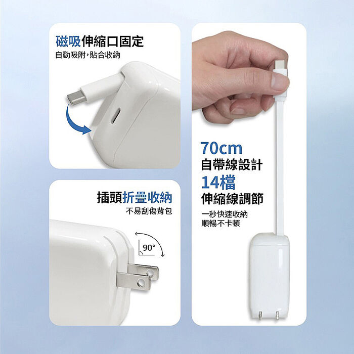 MCK 台灣製造 30W 自帶Type-C伸縮線 二輸出快速充電器(支援PD快充)