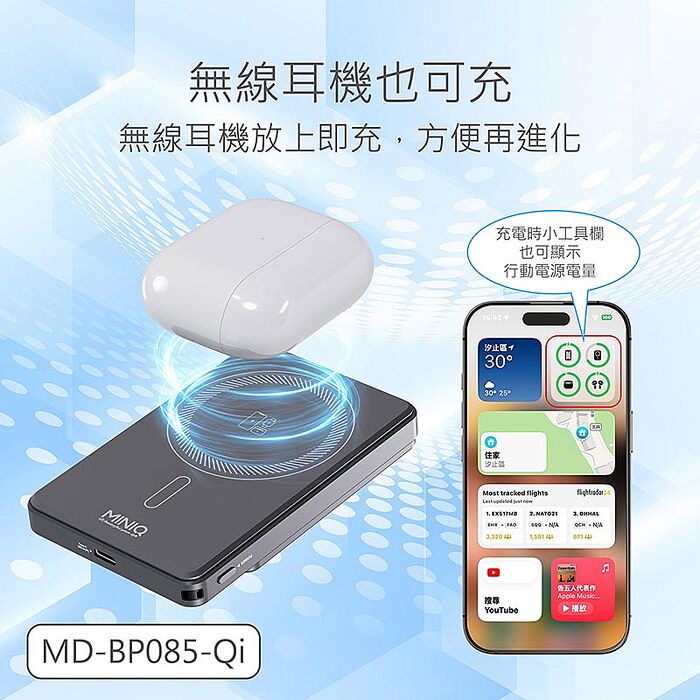 MINIQ 台灣製造 超薄6in1輕量磁吸快充行動電源 10000mAh (3C認證/手機/手錶/耳機)
