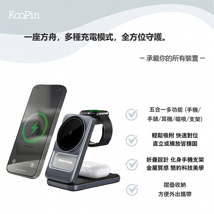 KooPin 台灣製造 22W 5合1折疊磁吸無線充電座(手機/手錶/耳機)