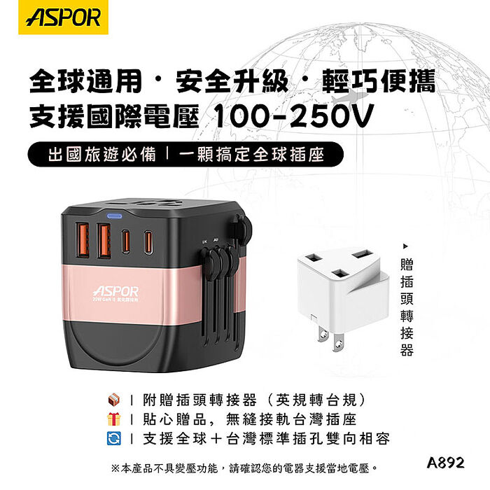 ASPOR 20W氮化鎵GaN 全球通用萬能轉換插頭(2USB-C+2USB-A )