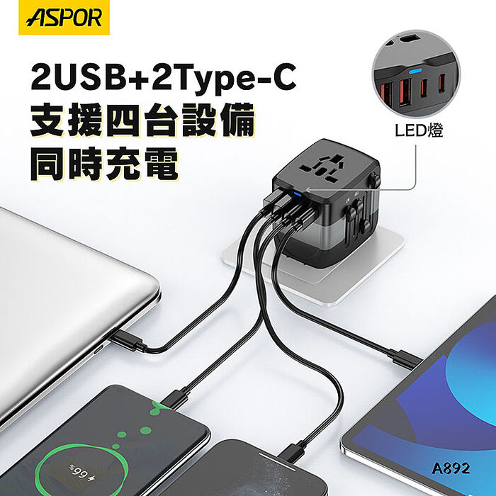 ASPOR 20W氮化鎵GaN 全球通用萬能轉換插頭(2USB-C+2USB-A )