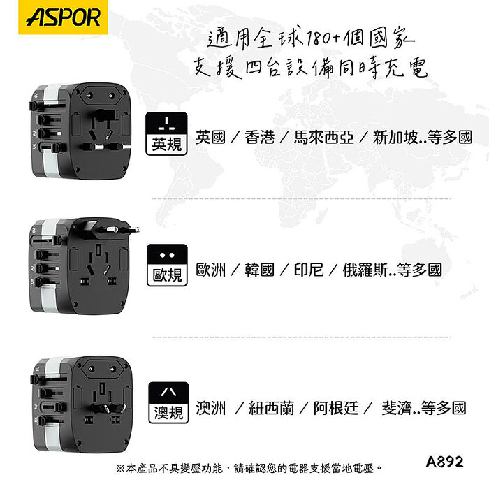 ASPOR 20W氮化鎵GaN 全球通用萬能轉換插頭(2USB-C+2USB-A )