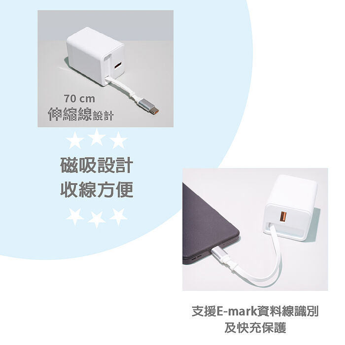 Linktech 20W氮化鎵 自帶Type-C伸縮線 二輸出快速充電器(支援PD、QC快充)