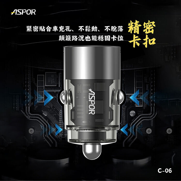 ASPOR 急速65W Mini快充PD+QC車載充電器(Type-C/USB-A)