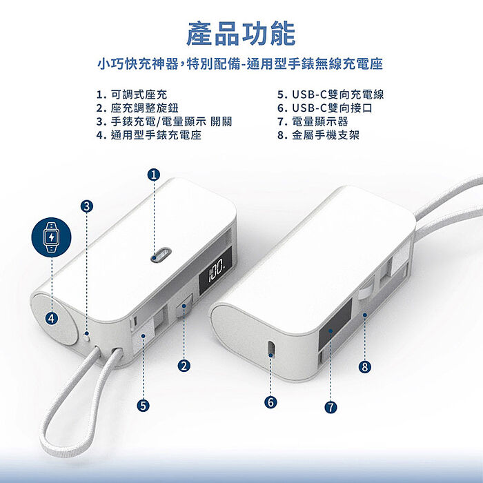 Wephone 5000mAh 隱藏直插式/數顯20W快充行動電源(雙向自帶線/可充手錶)