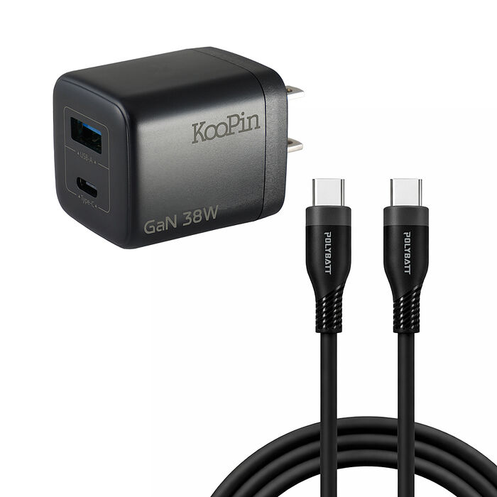 KooPin 台灣製造 38W氮化鎵 雙孔充電器+雙頭Type-C 液態矽膠快充線(150公分)