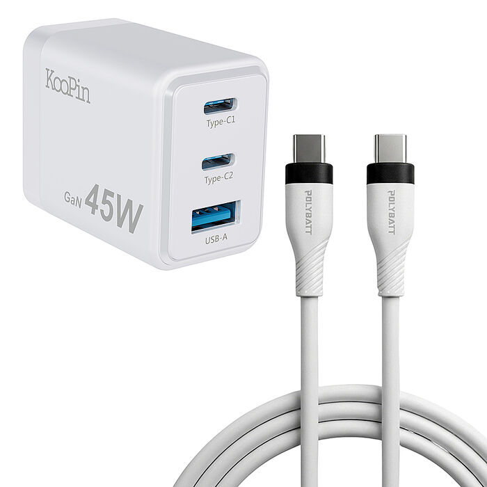 KooPin 台灣製造45W氮化鎵 2C1A手機快充充電器+雙頭Type-C 液態矽膠快充線(150公分)