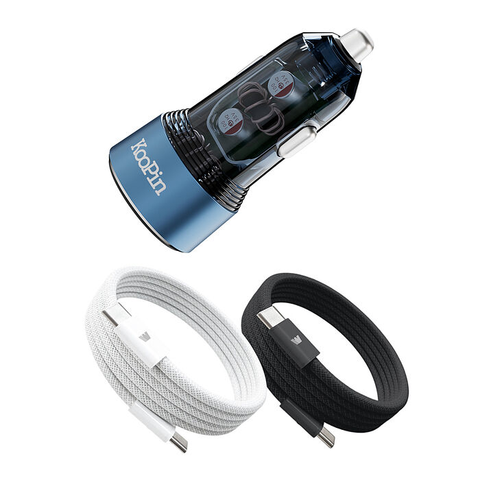 KooPin 台灣製造 65W 雙孔Type-C 車用充電器+雙頭Type-C 磁吸收納快充線(200公分)