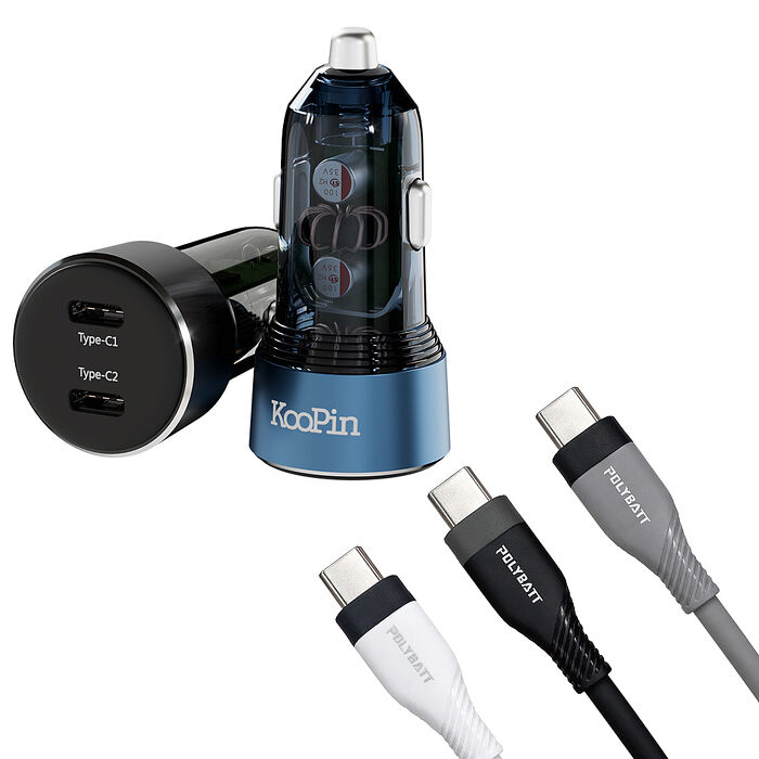 KooPin 台灣製造 65W 雙孔Type-C 車用充電器+雙頭Type-C 液態矽膠快充線(150公分)