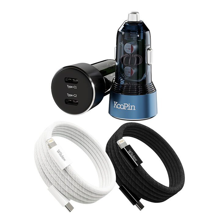 KooPin 台灣製造 65W 雙孔Type-C 車用充電器+USB-C to L 磁吸收納快充線(100公分)