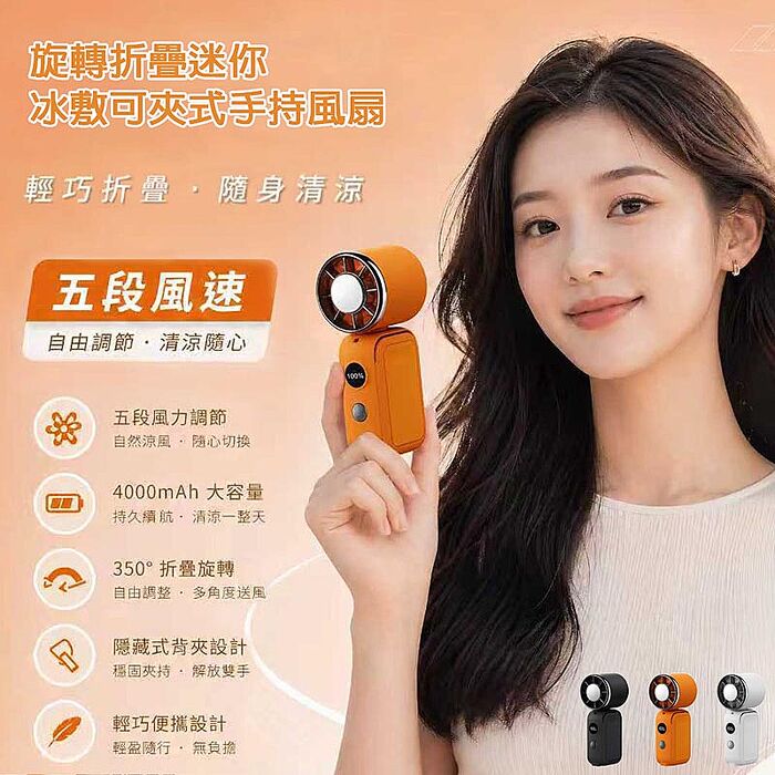 MCK 旋轉折疊迷你冰敷可夾式手持風扇(五段風速/大容量電池/可掛脖) YM-001